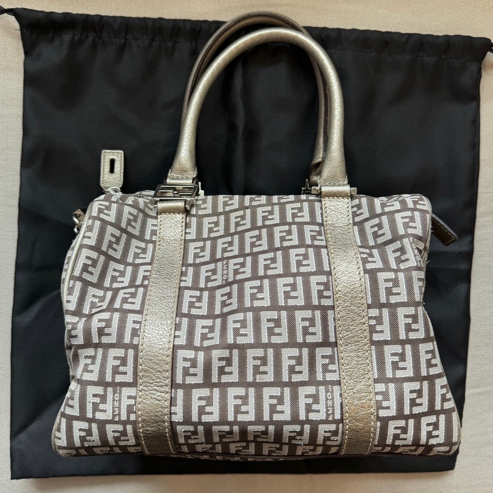 VINTAGE🤎Fendi🤎Zucchino Canvas Small Forever Bauletto Boston Bag - Picture 4 of 14
